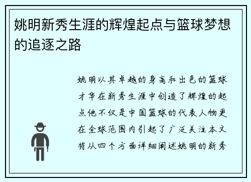 姚明新秀生涯的辉煌起点与篮球梦想的追逐之路