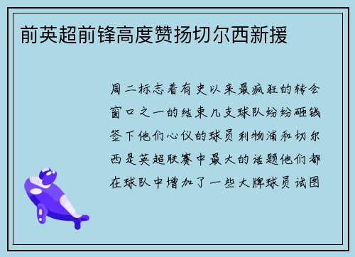 前英超前锋高度赞扬切尔西新援
